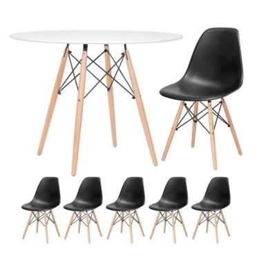 Imagem de Mesa Redonda Eames 100cm Branco + 5 Cadeiras Preto