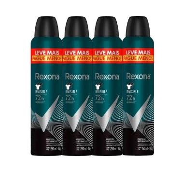 Imagem de Kit Desodorante Antitranspirante Aerosol Rexona Invisible Men 72 horas 250ml - 4 Unidades