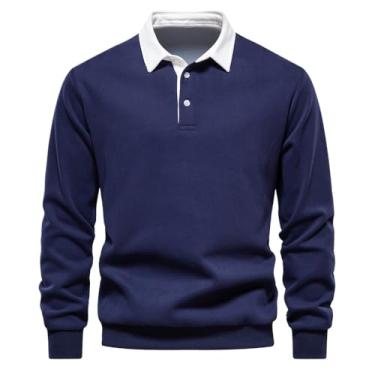 Imagem de Moletom masculino outono gola polo casual desgaste social algodão manga longa pulôver suéter, Azul-marinho, Medium