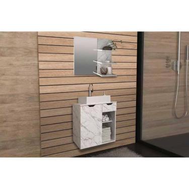 Imagem de Conjunto De Banheiro Armário C- Espelho Bn3608 E Balcão Suspenso Bn3605 C- Cuba Pia Bn3600 60cm Cor Mármore Branco - Tecno Mobili