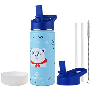 Imagem de honogo Garrafa de água infantil isolada de aço inoxidável de 473 ml, frasco térmico de metal à prova de vazamento com tampa de palha, copo infantil fofo para meninas e meninos (azul, urso)