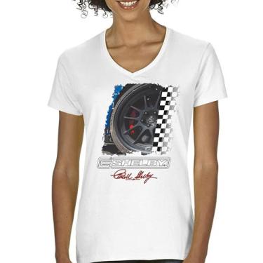 Imagem de Camiseta feminina Shelby Wheel gola V clássica American Muscle Car Racing Mustang Cobra GT500 Performance Powered by Ford Tee, Branco, P