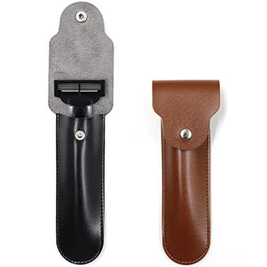 Imagem de LinMei Estojo de couro para navalha protetora de viagem para barbeadores retos, barbeadores e barbeiros, capa de segurança para bolsa de barbear/estojo de viagem (marrom, preto), Moderno