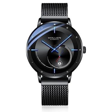 Imagem de SOLLEN Relógios automáticos pretos para homens, relógio minimalista de aço inoxidável, relógios de pulso masculinos finos e impermeáveis com função luminosa, presente para homens, Capa preta,