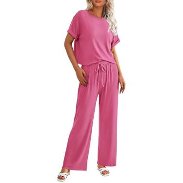 Imagem de PRETTYGARDEN Camiseta feminina de verão de 2 peças de malha de manga curta e calça de treino de perna larga roupa casual, rosa, X-Large
