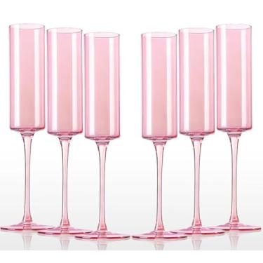 Imagem de comfit Conjunto de taças de champanhe rosa com taças quadradas de champanhe de 170 a 184 g - Coupes com haste reutilizável - Taças de champanhe coloridas para noivado, festa de aniversário