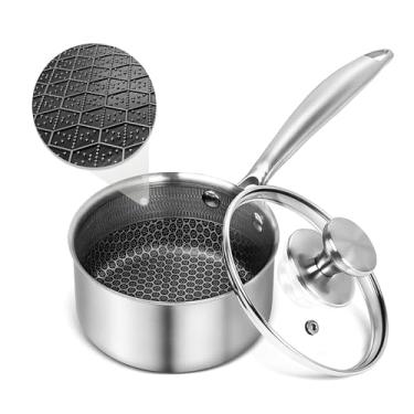 Imagem de AuFranc™ Panela híbrida antiaderente de aço inoxidável de 1 litro com tampa de vidro, panela de indução com entalhe em favo de mel, panela antiaderente compatível com todos os cooktops, pode ser