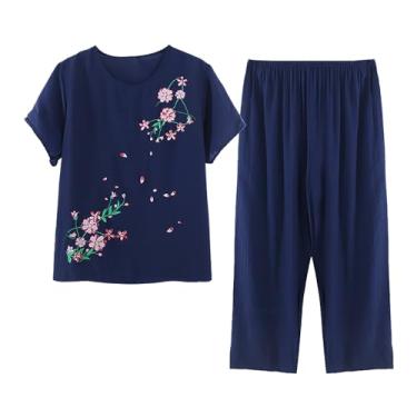 Imagem de Roupas de verão femininas de algodão e linho, conjunto de 2 peças, manga curta, estampa floral, calças de treino, Azul marino, P
