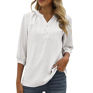 Imagem de Blusas femininas elegantes casuais para trabalho de negócios chiffon swizz dot camisa abotoada manga 3/4 gola V, Branco, M