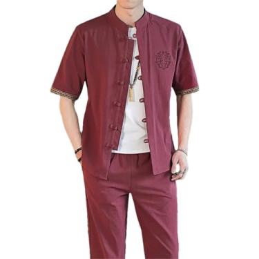 Imagem de Roupa masculina de verão Tang Suit de algodão e linho estilo chinês camisa de manga curta + calça conjunto de 2 peças, Vermelho, XXG