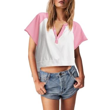 Imagem de Panadila Blusas femininas de manga curta cropped Henley camisetas coloridas camisetas casuais verão lindo pulôver, Rosa - branco, M