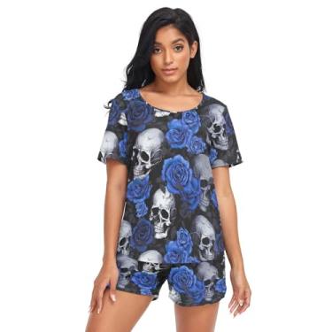 Imagem de Conjunto de pijama feminino, conjunto de pijama de verão de 2 peças, conjunto de pijama de manga curta para mulheres, conjunto de shorts P-2GG, Rosas azuis, caveiras cinzas, P