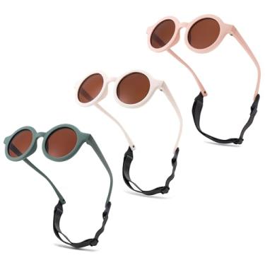 Imagem de LIU·WEN Óculos de sol redondos fofos para bebês polarizados, pacote com 3 - armação flexível com alça para bebês recém-nascidos de 0 a 24 meses, A1 rosa/marrom+branco/marrom + verde/marrom, Medium