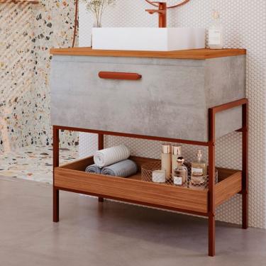 Imagem de Gabinete de Banheiro Eleonora 1 Porta Cimento e Freijó 85 cm