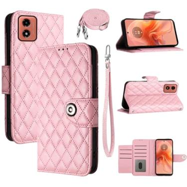 Imagem de Dswteny Capa carteira para Motorola Moto G24/Moto G04 com alça de ombro transversal, padrão Argyle PU couro flip suporte de crédito capa de celular para Moto G24/Moto G04 meninas mulheres rosa