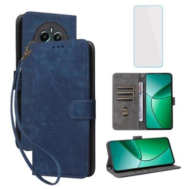 Imagem de IUQXU Capa carteira para celular Realme 12 Plus 5G com protetor de tela [bloqueio RFID] couro flip suporte para cartão alça de pulso mulheres homens capa de celular para Realme 12+ 12Plus 5G azul
