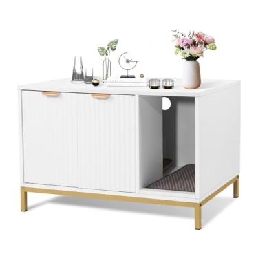 Imagem de QuicMiou Caixa de areia para gatos, móveis de caixa de areia oculta com pernas de metal, mesa lateral armário de armazenamento interno para casa de gato 31,5 x 19,7 x 20 polegadas (branco + ouro)