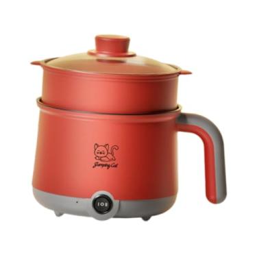 Imagem de Bothyi Mini panela elétrica quente com vaporizador frigideira doméstica portátil antiaderente macarrão fogão para macarrão shabu shabu ramen, Cinza Vermelho