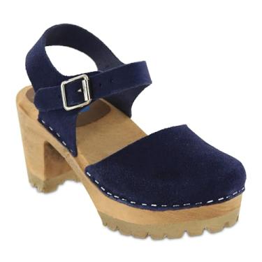 Imagem de MIA Abba Sandália feminina de couro fechado com salto grosso de madeira, estilo retrô, madeira sueca, Azul marino, 41