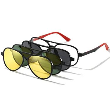 Imagem de UNIEOWFA Óculos de sol com clipe magnético polarizado aviador UV400, 3 peças, armação de óculos de visão noturna, Moldura vermelha preta, 1914, All