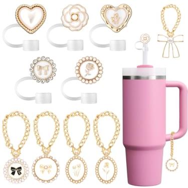 Imagem de 10 peças de enfeite de palha de flor de pérola para pingentes de copo Stanley para alça capa de palha de 10 mm para copo Stanley 40 acessórios de arco de 850 g tampa de palha reutilizável para copos