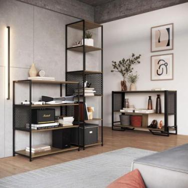 Imagem de Kit Sala de Estar Estilo Industrial c/ Aparador e 2 Estantes - Placa e