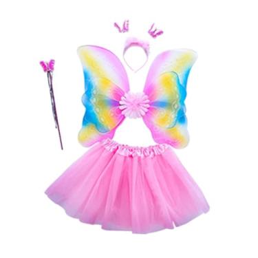 Imagem de Fiocias 4x Meninas Conjunto de Fantasia de Fada Tutu Saia Borboleta Asa de Fada Crianças Princesa Cosplay para Carnaval Palco Performance Festa Lembrancinhas, rosa