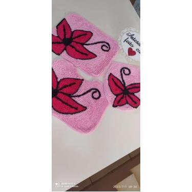Imagem de Jogo De Tapete Banheiro 3 Peças Frufru algodão cru flor Pink - Valenti