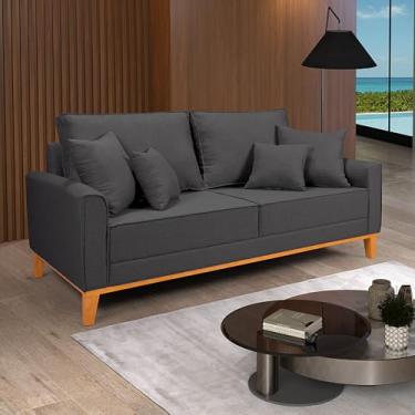 Imagem de Sofá Living Beny 3 Lugares Linho Grafite Fixo Sala Base Madeira