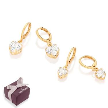 Imagem de Kit Brncos Argolas Corações Com Zircônias Banhadas A Ouro 18k Primeiro