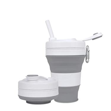 Imagem de CYNROFVEN Copo de café de silicone com tampa de palha, copos dobráveis para viajar, 590 ml, leve, dobrável, para piquenique, acampamento, escalada