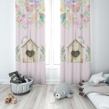 Imagem de Cortina Tecido Oxford Quarto Infantil Casa de Passarinhos e Flores - 1