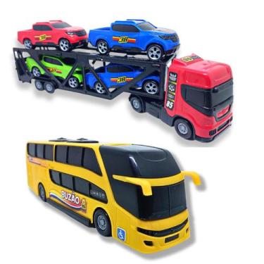 Imagem de  Kit Brinquedo Caminhão Carreta Cegonha Com 4 Carrinhos Ônibus Busão V