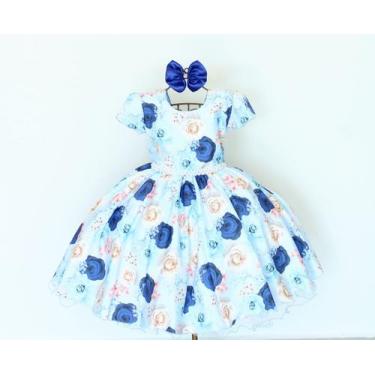 Imagem de Vestido Infantil Princesa Florido Azul Branco Luxo E Tiara - Pingo de 