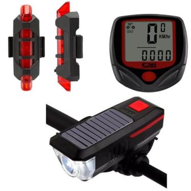 Imagem de Kit Farol Solar Bike Sinalizador Traseiro e Velocímetro Com Fio 3 iten