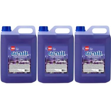 Imagem de Desinfetante Lavanda Opmil 15 L (3×5 L) – Perfuma, Limpa e Elimina 99,9% de Germes – Uso Residencial e Comercial