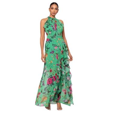 Imagem de Betsy & Adam Vestido floral longo de chiffon elegante com detalhe de babados e gola amarrada, Verde/Multi, 38