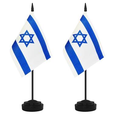 Imagem de Conjunto de 2 bandeiras de mesa de Israel, mesa de trabalho israelense pequena bandeira de escritório em miniatura com poste preto de 30 cm e base preta, escritórios, sala de aula, casa, decoração de