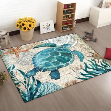 Imagem de Tapete antiderrapante com estampa de tartarugas golfinhos azuis, praia, oceano, azul-petróleo, tema marinho, tapete antiderrapante, quarto, sala de estar, sofá, berçário, decoração (mar-5, 100 cm x