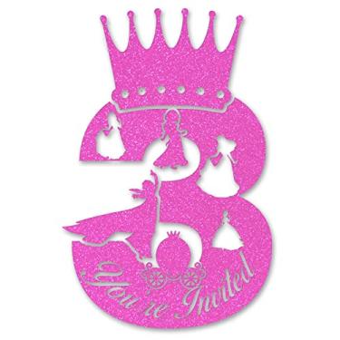Imagem de Convites para festa de 3º aniversário de princesas cor-de-rosa com glitter tema princesa meninas 3 anos em forma de aniversário convites de preenchimento com envelopes, conjunto de 20