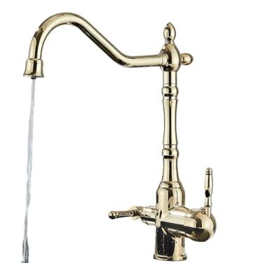 Imagem de Torneira de cozinha com filtro 360 ° Torneira misturadora de água quente e fria com duas alças Torneira de cozinha montada no deck Torneira de pia preta, dourada