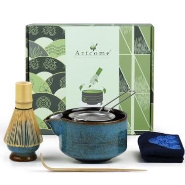Imagem de Artcome Kit completo de cerimônia do chá matcha com 7 peças, tigela com bico, batedor, colher de chá, filtro de pó matcha, conjunto de chá matcha para fazer usucha, koicha e matcha latte (sa