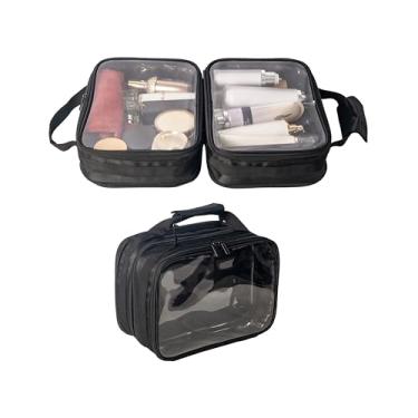 Imagem de Remobia Hicol Bolsa de higiene pessoal de viagem com compartimentos duplos 2 em 1, bolsa de cosméticos transparente, kit de maquiagem, bolsa organizadora com alça, Transparente e preto, Prático