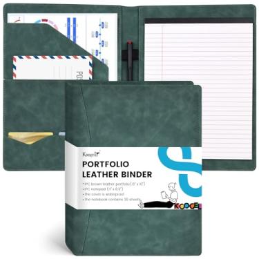 Imagem de Koogel Fichário de couro para portfólio, pasta verde escura para bloco de notas com bloco de notas de 30 folhas para reunião de escritório escolar