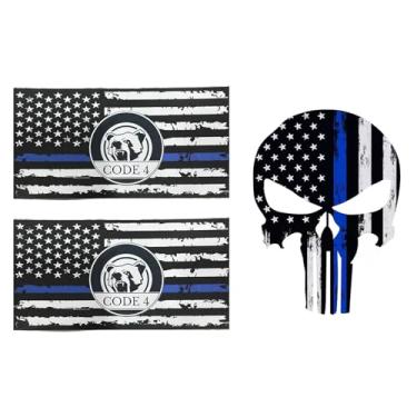 Imagem de 3 peças Código da bandeira dos EUA 4 adesivos de caveira fina linha azul decalque de carro, honrando apoio policial caminhão janela laptop para-choque, bandera de policía la línea azul para carro