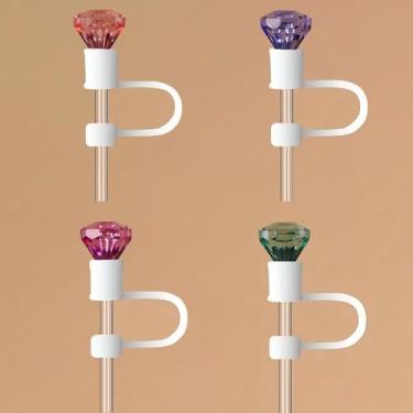 Imagem de 4 peças de capas de palha de diamante 10 mm tampa de cobertura de palha para copo Stanley, topo de palha de silicone em forma de diamante, capas de ponta de canudo reutilizáveis, rosa, roxo, verde