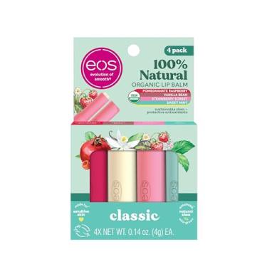 Imagem de eos 100% Natural & Orgânico Lip Balm Sticks - Sorvete de Morango, Fava de Baunilha, Menta Doce & Framboesa de Romã, Produtos para Cuidados Labiais, 0,14 Oz, Pacote com 4