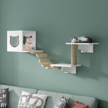 Imagem de Prateleiras de parede para gatos – Prateleiras para gatos, conjunto de móveis de parede para gatos com poleiros e degraus, espessura da placa de madeira de 1,5 cm para condomínios internos para gatos,