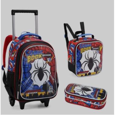 Imagem de Kit Mochila Rodinhas Lancheira Estojo Spider Comic Book - Denlex