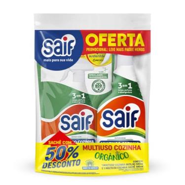 Imagem de Combo Limpador Multiuso Cozinha Orgânico Gatilho E Sachê Saif 500Ml, Saif, Higienizador Multiuso Bicarbonato De Sódio E Álcool Orgânico Spray E Sachê, Branco, Contém 1 Gatilho 500Ml E 1 Sachê 500Ml